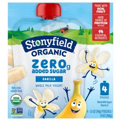 Stonyfield Organic Kids Zero G Added Sugar Whole Milk Yogurt Pouches, Banilla, 3.5 oz., 4Ct