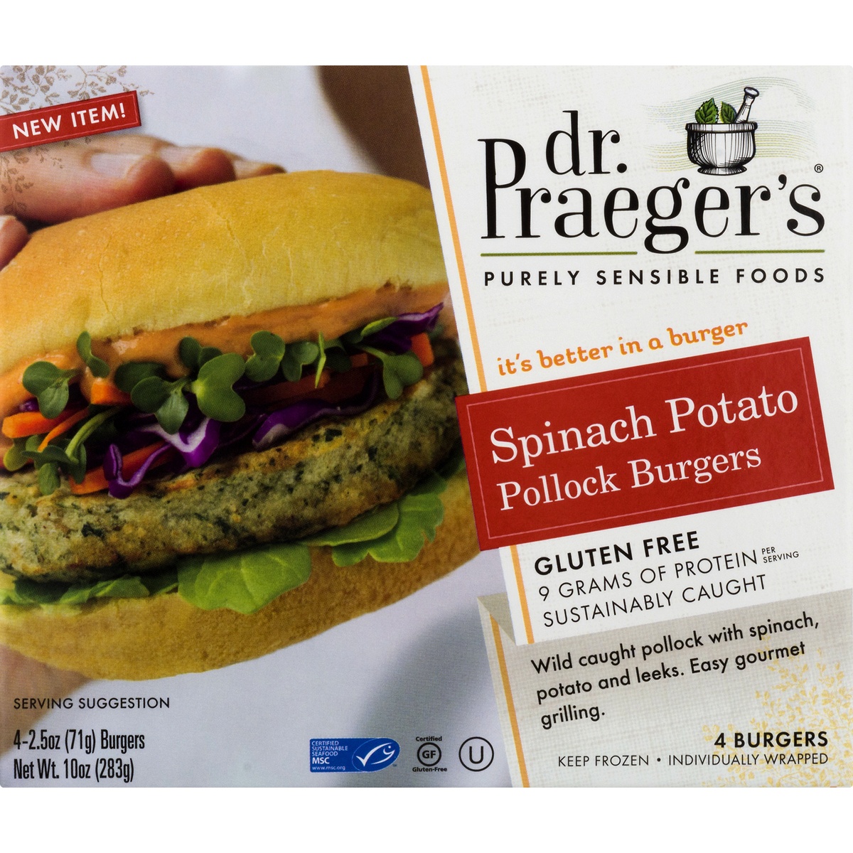 slide 1 of 1, Dr. Praeger's Gluten Free Spinach Potato Pollock Burgers, 4 ct; 2.5 oz