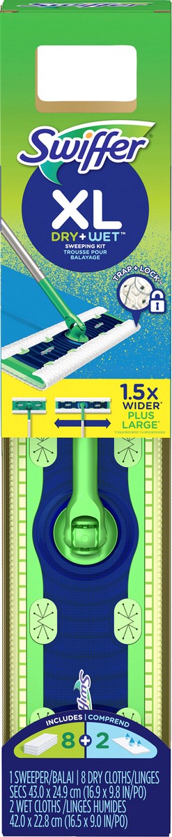 slide 2 of 4, Swiffer Sweeper Dry + Wet XL Sweeping Kit, 1 Sweeper, 8 Dry Cloths, 2 Wet Cloths, 1 ct