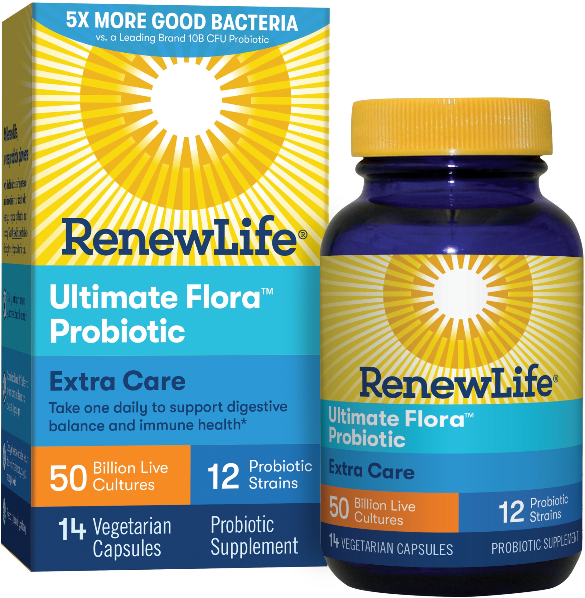 slide 1 of 1, Renew Life  Adult Probiotic - Ultimate Flora™ Extra Care Probiotic Supplement for Men & Women- Shelf Stable, Gluten, Dairy & Soy Free - 50 Billion CFU - 14 Vegetarian Capsules, 14 ct