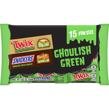 slide 1 of 1, Wrigley SNICKERS & TWIX Ghoulish Green Milk Chocolate Halloween Candy, 15 Ct Variety Bag, 8.63 oz