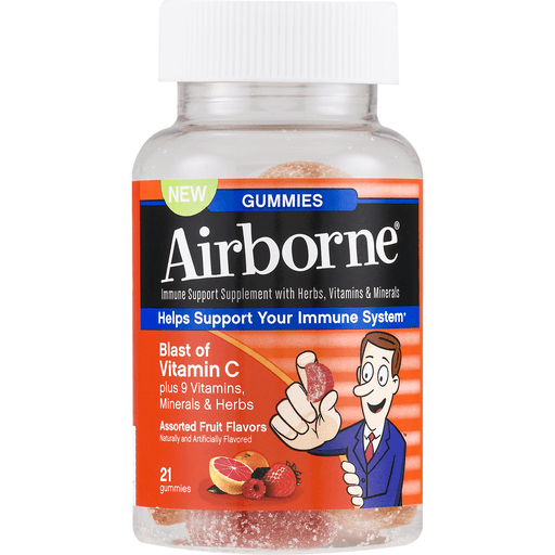 slide 4 of 8, Airborne Gummies Immune Support Supplement, Assorted Fruit Flavors, 21 ct