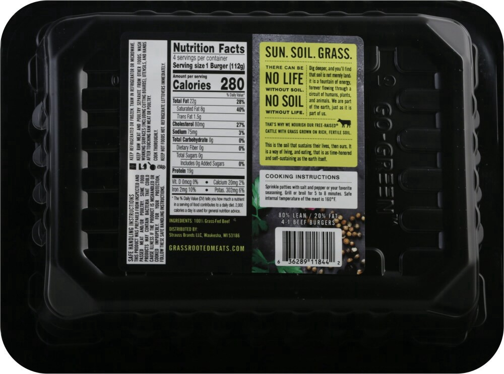 slide 2 of 2, Strauss American Raised Grass Fed Beef 80% Lean Burgers, 1 lb