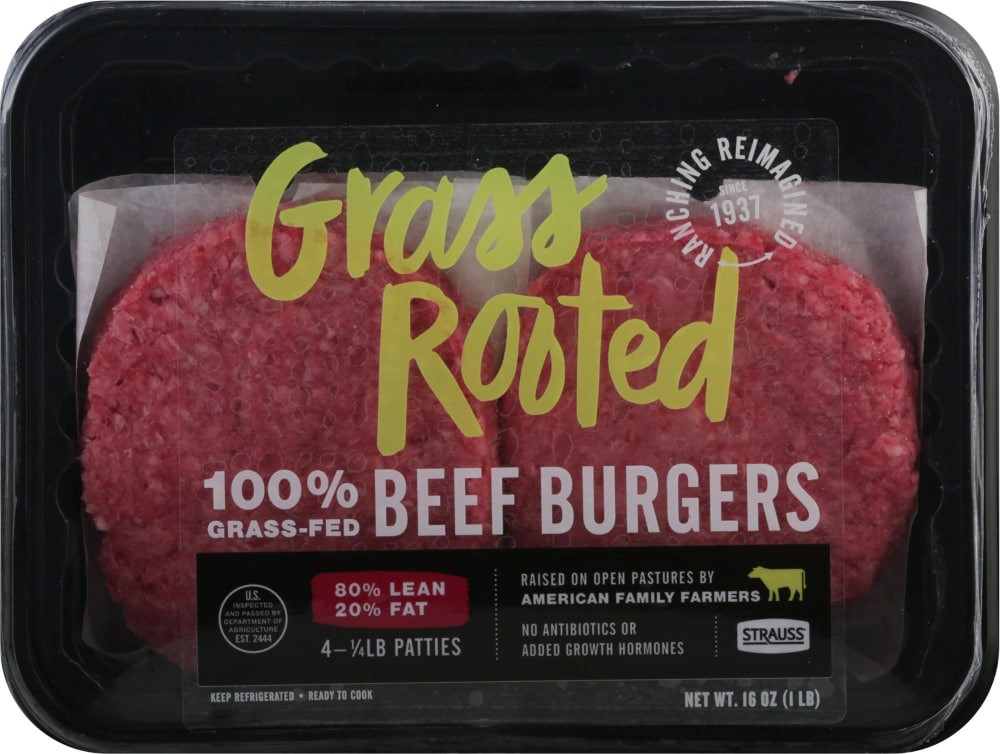 slide 1 of 1, Strauss American Raised Grass Fed Beef 80% Lean Burgers, 1 lb
