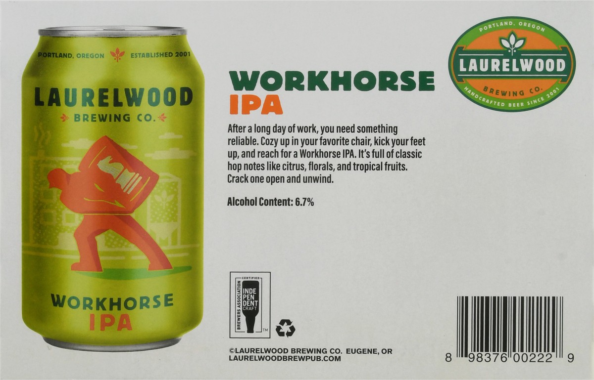 slide 10 of 12, Laurelwood Brewing Co. Workhorse IPA Beer 6 - 12 fl oz Cans, 6 ct