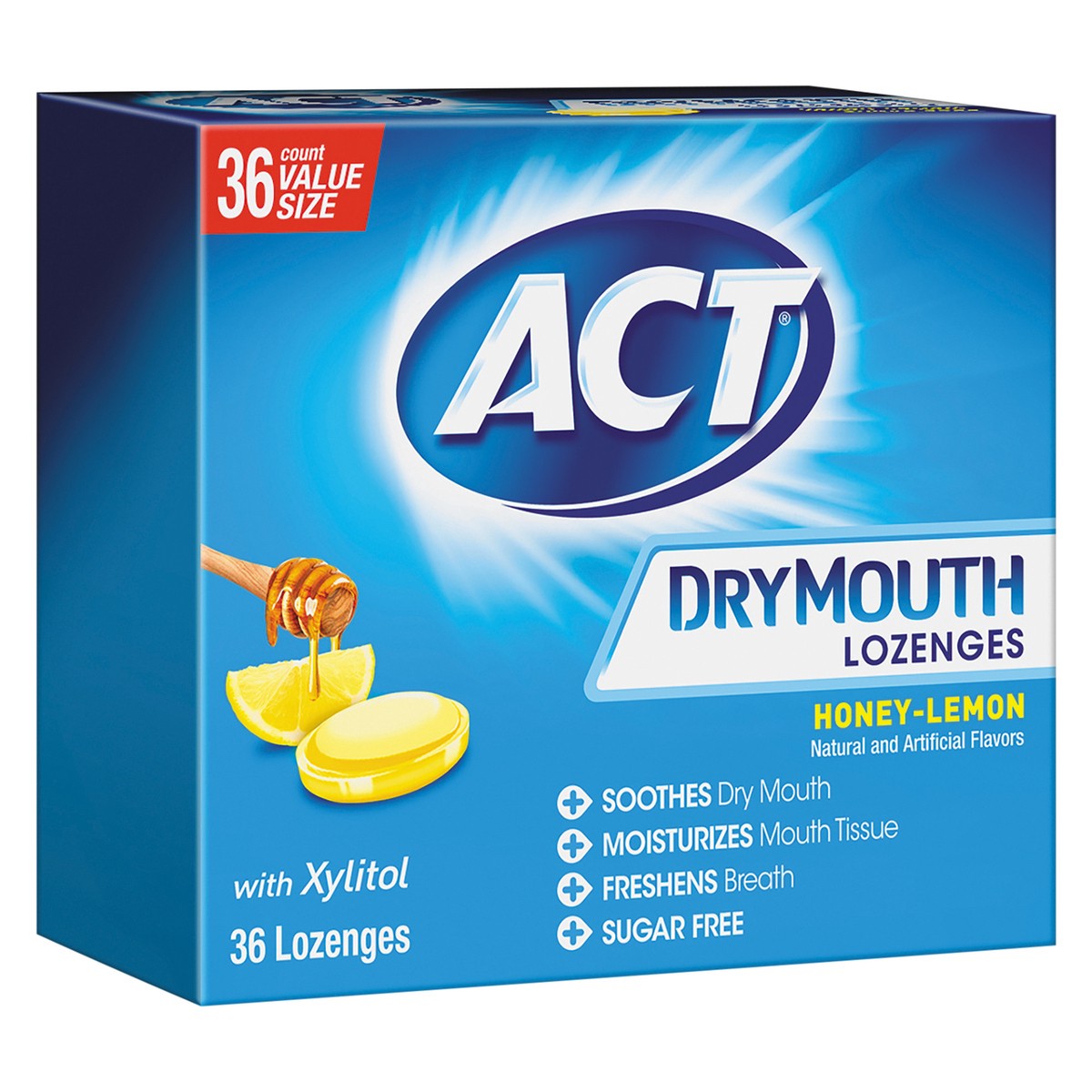 slide 9 of 9, ACT Dry Mouth Lozenges with Xylitol, Sugar Free Honey-Lemon, 36 Lozenges, 36 ct