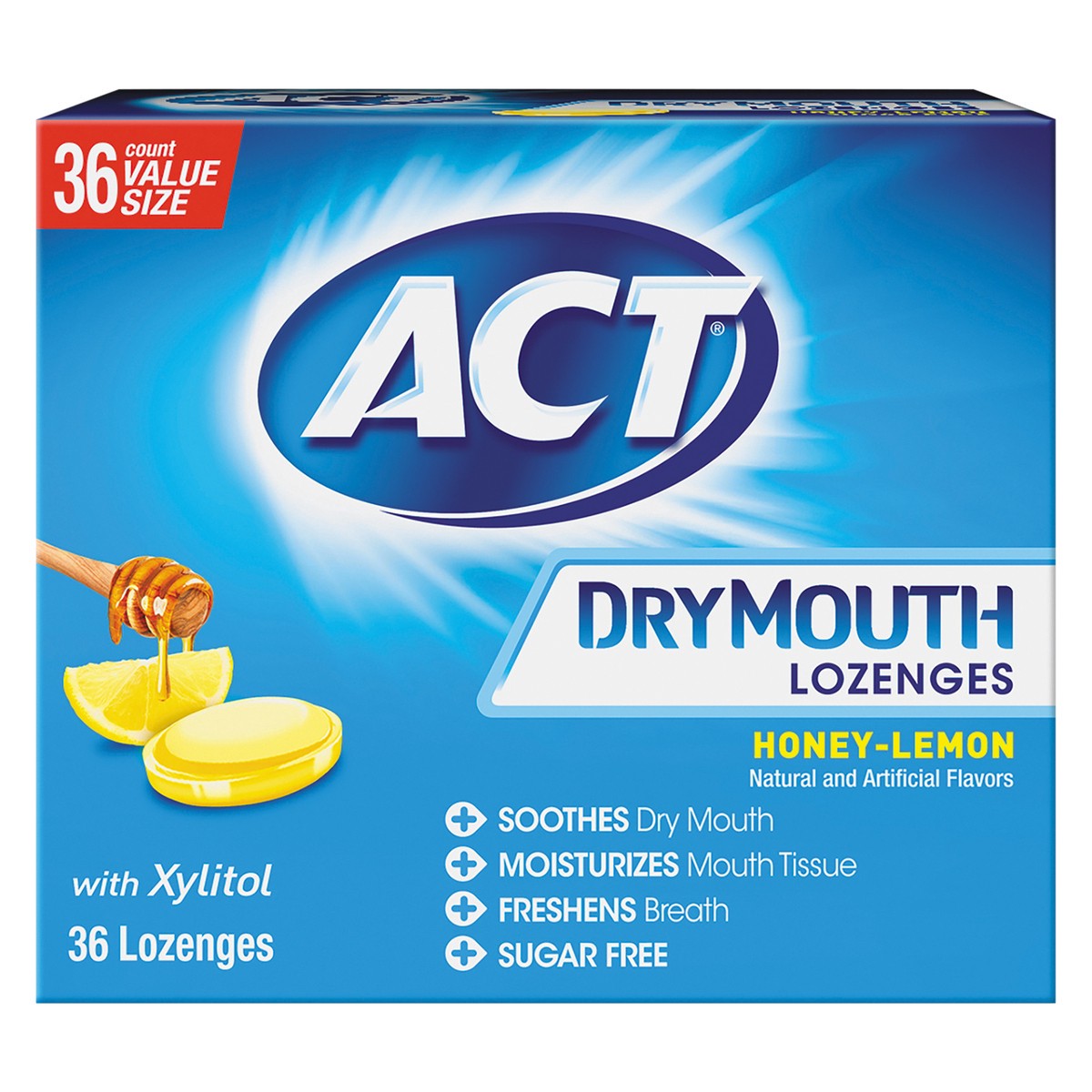 slide 1 of 9, ACT Dry Mouth Lozenges (36 Ct, Honey Lemon), with Xylitol, 36 ct