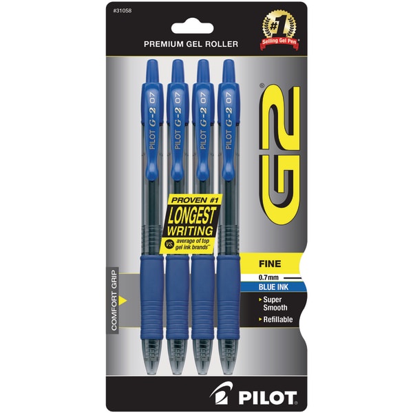 slide 1 of 5, Pilot G-2 Retractable Gel Pens, Fine Point, 0.7 Mm, Clear Barrels, Blue Ink, Pack Of 4, 4 ct