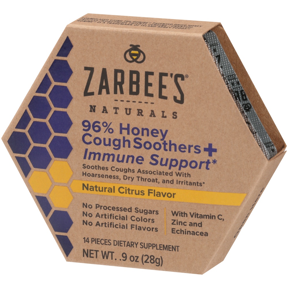 slide 3 of 6, Zarbee's Naturals 96% Honey Cough Soothers & Immune Support, Natural Citrus Flavor, 14 ct