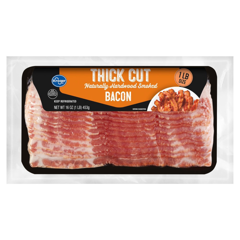 slide 1 of 2, Kroger Thick Cut Naturally Hardwood Smoked Bacon, 16 oz