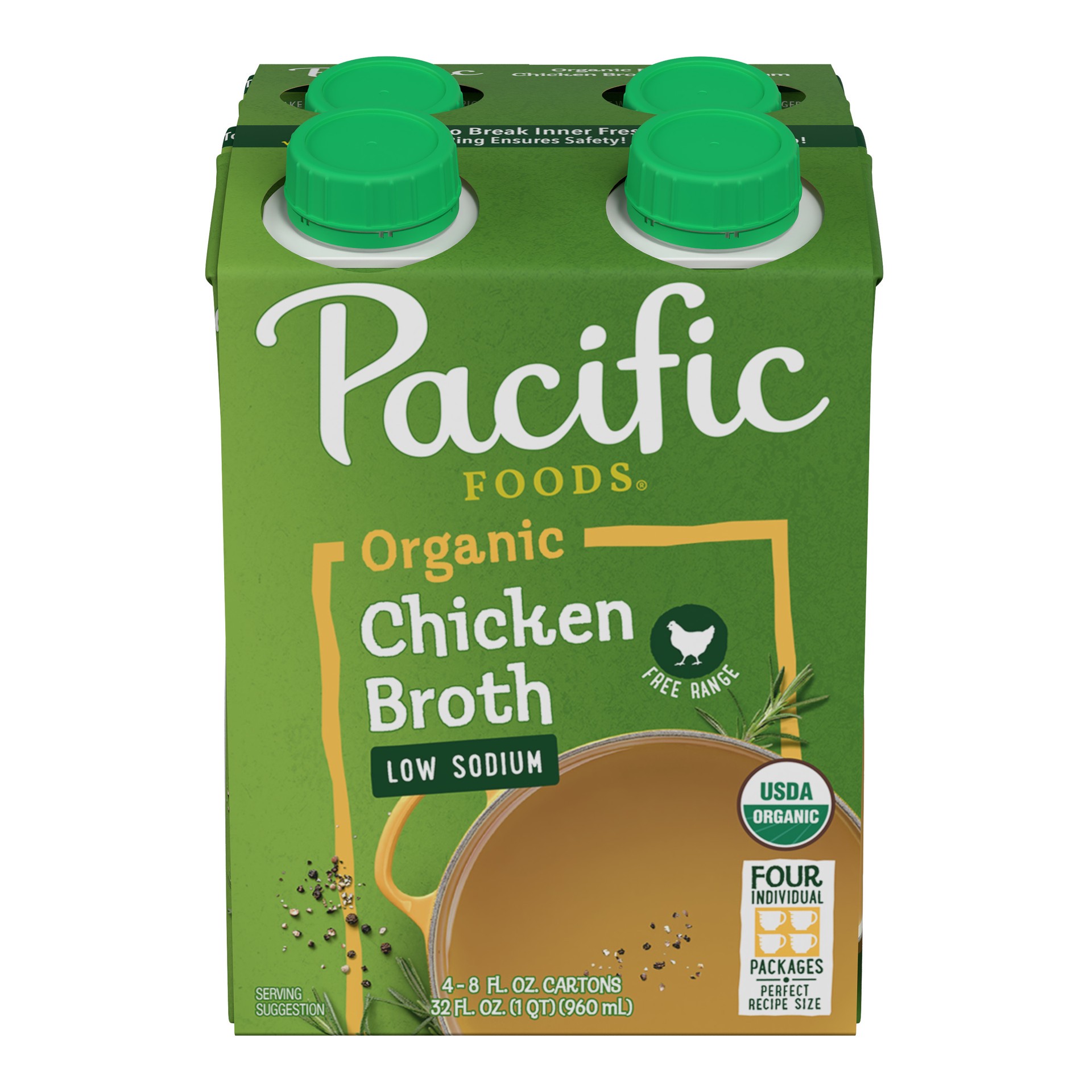 slide 1 of 5, Pacific Foods Low Sodium Organic Free Range Chicken Broth, 8 oz Carton (Pack of 4), 32 oz