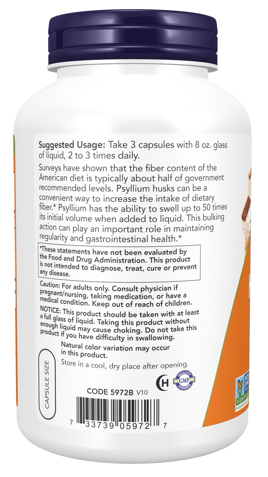 slide 2 of 5, NOW Supplements, Psyllium Husk Caps 500 mg, Non-GMO Project Verified, Natural Soluble Fiber, Intestinal Health*, 500 Veg Capsules, 500 ct
