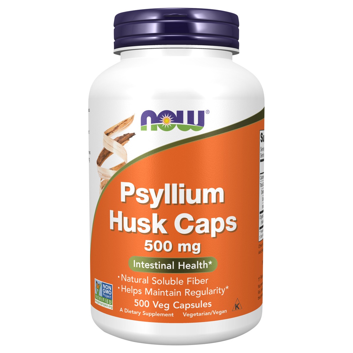 slide 1 of 5, NOW Supplements, Psyllium Husk Caps 500 mg, Non-GMO Project Verified, Natural Soluble Fiber, Intestinal Health*, 500 Veg Capsules, 500 ct