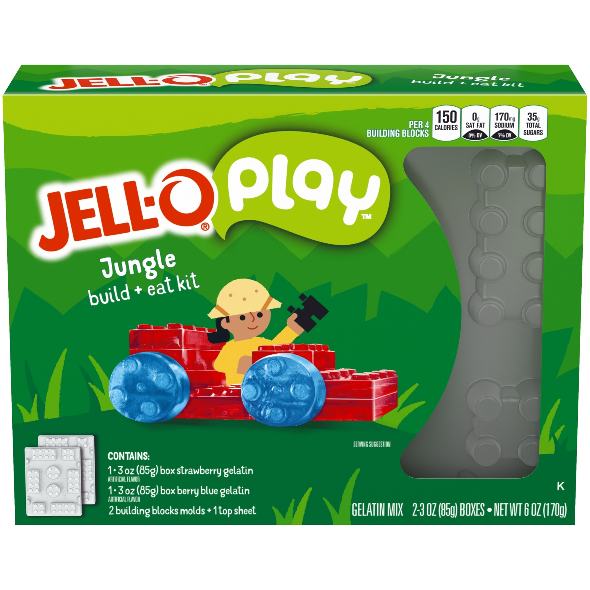 slide 1 of 7, Jell-O Play Jungle Build & Eat Kit with Strawberry & Berry Blue Gelatin Mix, 6 oz