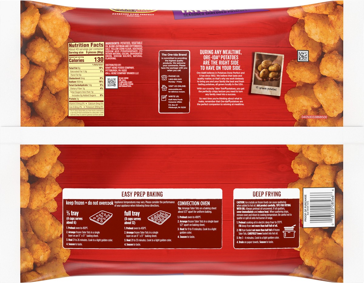 slide 9 of 13, Ore-Ida Golden Tater Tots Seasoned Shredded Frozen Potatoes Value Size, 8 lb Bag, 