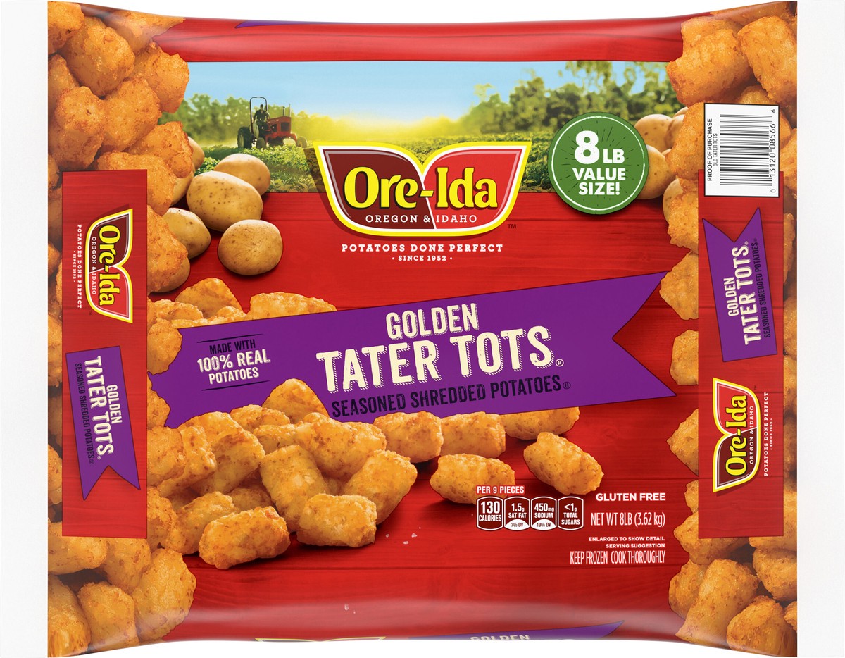 slide 10 of 13, Ore-Ida Golden Tater Tots Seasoned Shredded Frozen Potatoes Value Size, 8 lb Bag, 