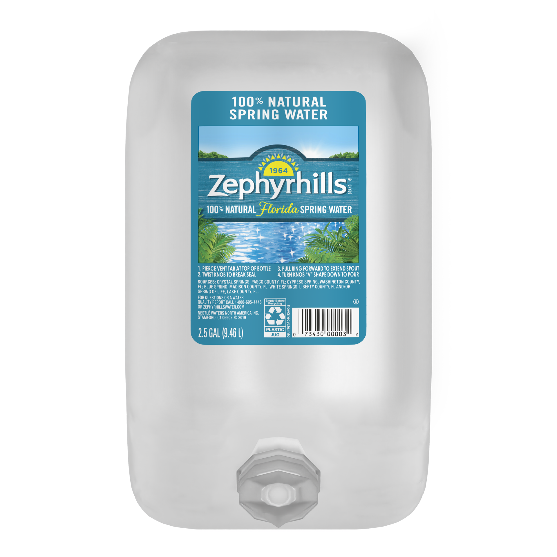 slide 1 of 4, ZEPHYRHILLS Brand 100% Natural Spring Water, 2.5-gallon plastic bottle, 2.50 g