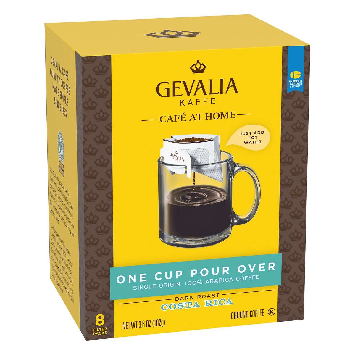 slide 2 of 9, Gevalia Cafe at Home One Cup Pour Over Costa Rica Dark Roast Single Origin Ground Coffee Kit Filter Packs, 8 ct; 3.6 oz