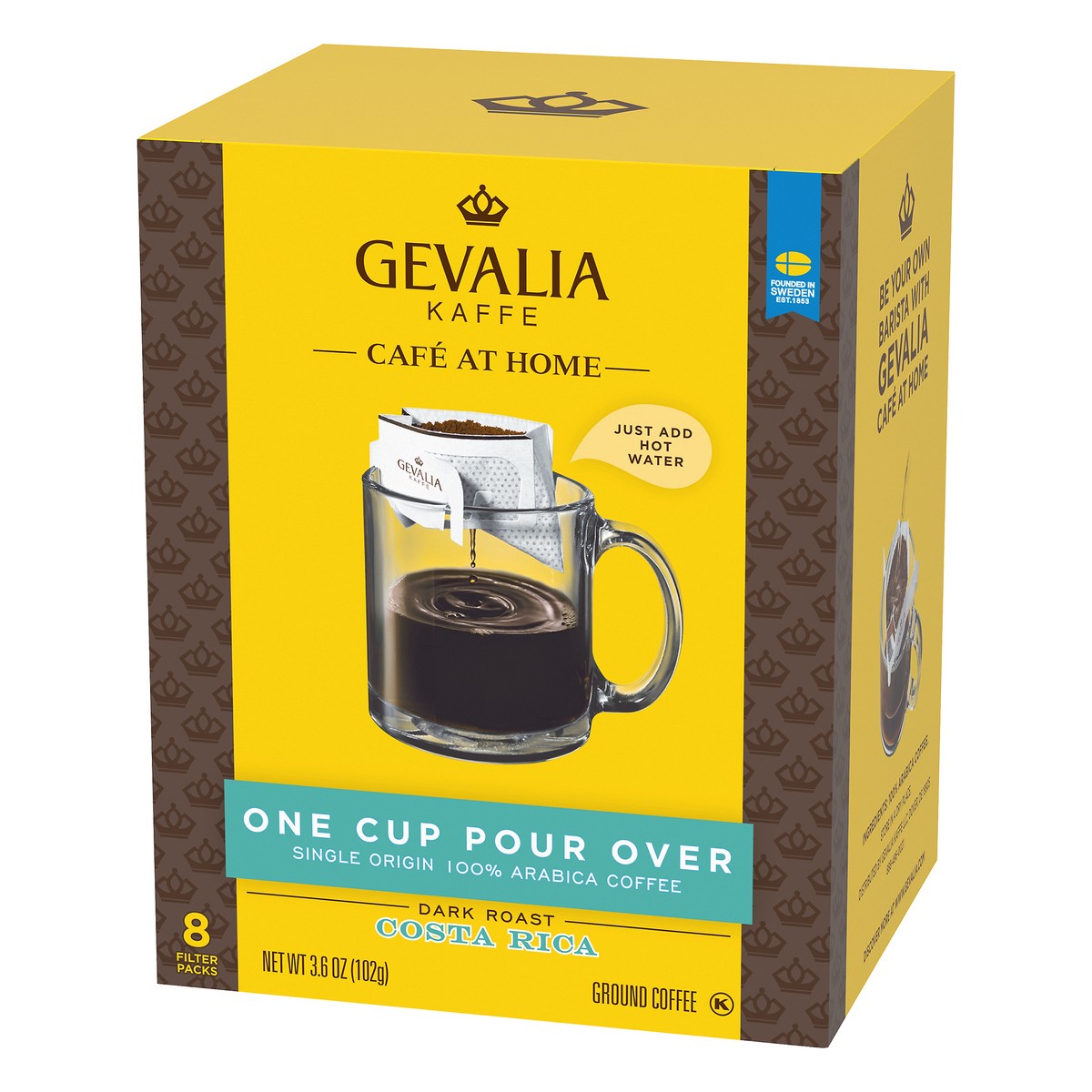 slide 3 of 9, Gevalia Cafe at Home One Cup Pour Over Costa Rica Dark Roast Single Origin Ground Coffee Kit Filter Packs, 8 ct; 3.6 oz