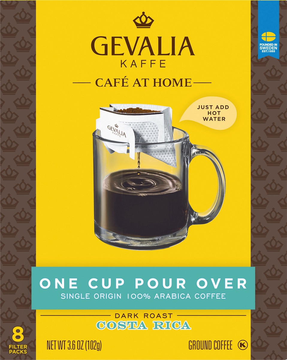 slide 8 of 9, Gevalia Cafe at Home One Cup Pour Over Costa Rica Dark Roast Single Origin Ground Coffee Kit Filter Packs, 8 ct; 3.6 oz