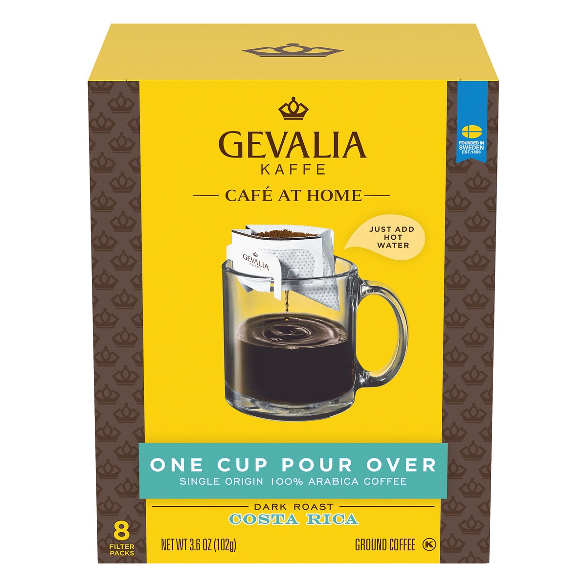 slide 1 of 9, Gevalia Cafe at Home One Cup Pour Over Costa Rica Dark Roast Single Origin Ground Coffee Kit Filter Packs, 8 ct; 3.6 oz