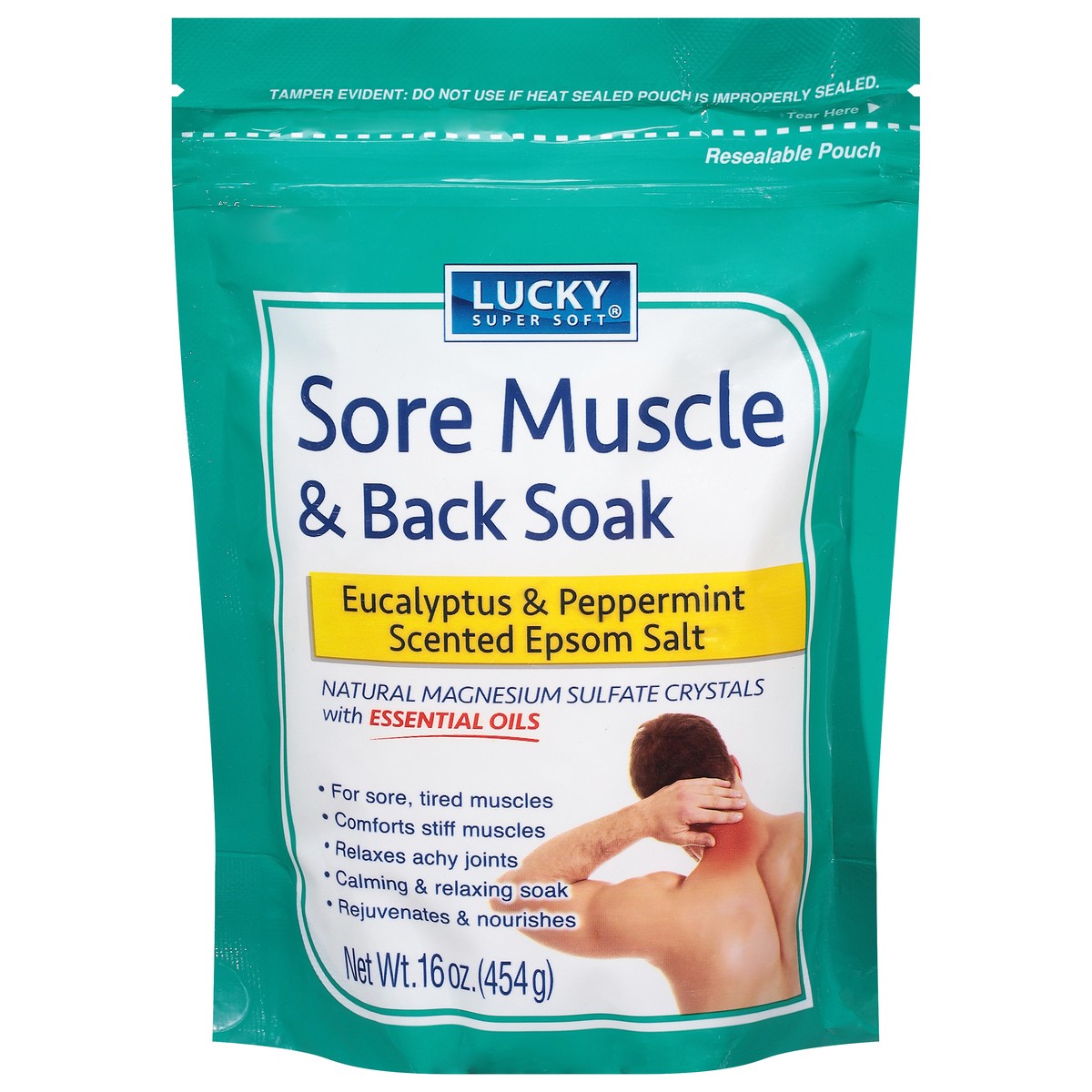 slide 1 of 10, Lucky Super Soft Sore Muscle & Back Soak Eucalyptus & Peppermint Scented Epsom Salt 16 oz, 16 oz