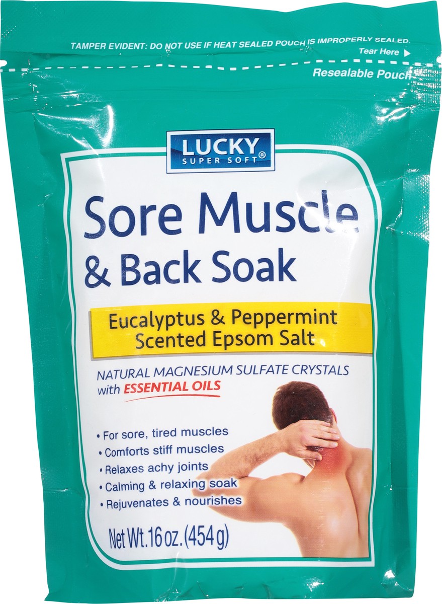 slide 3 of 10, Lucky Super Soft Sore Muscle & Back Soak Eucalyptus & Peppermint Scented Epsom Salt 16 oz, 16 oz