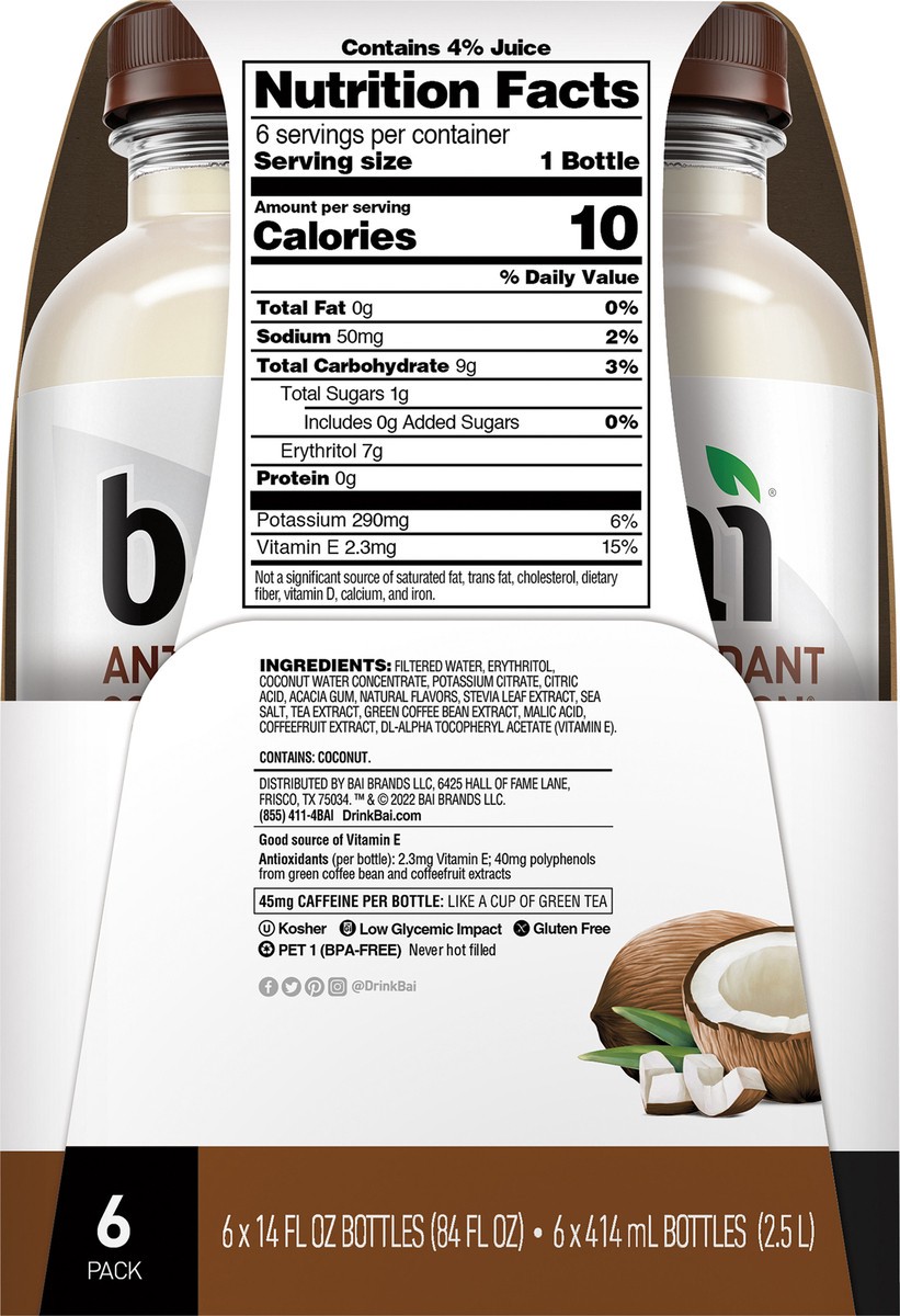 slide 5 of 11, Bai Cocofusions Molokai Coconut, Antioxidant Infused Beverage, 14 Fl Oz Bottles, 6 Pack, 6 ct; 14 fl oz; 14 oz