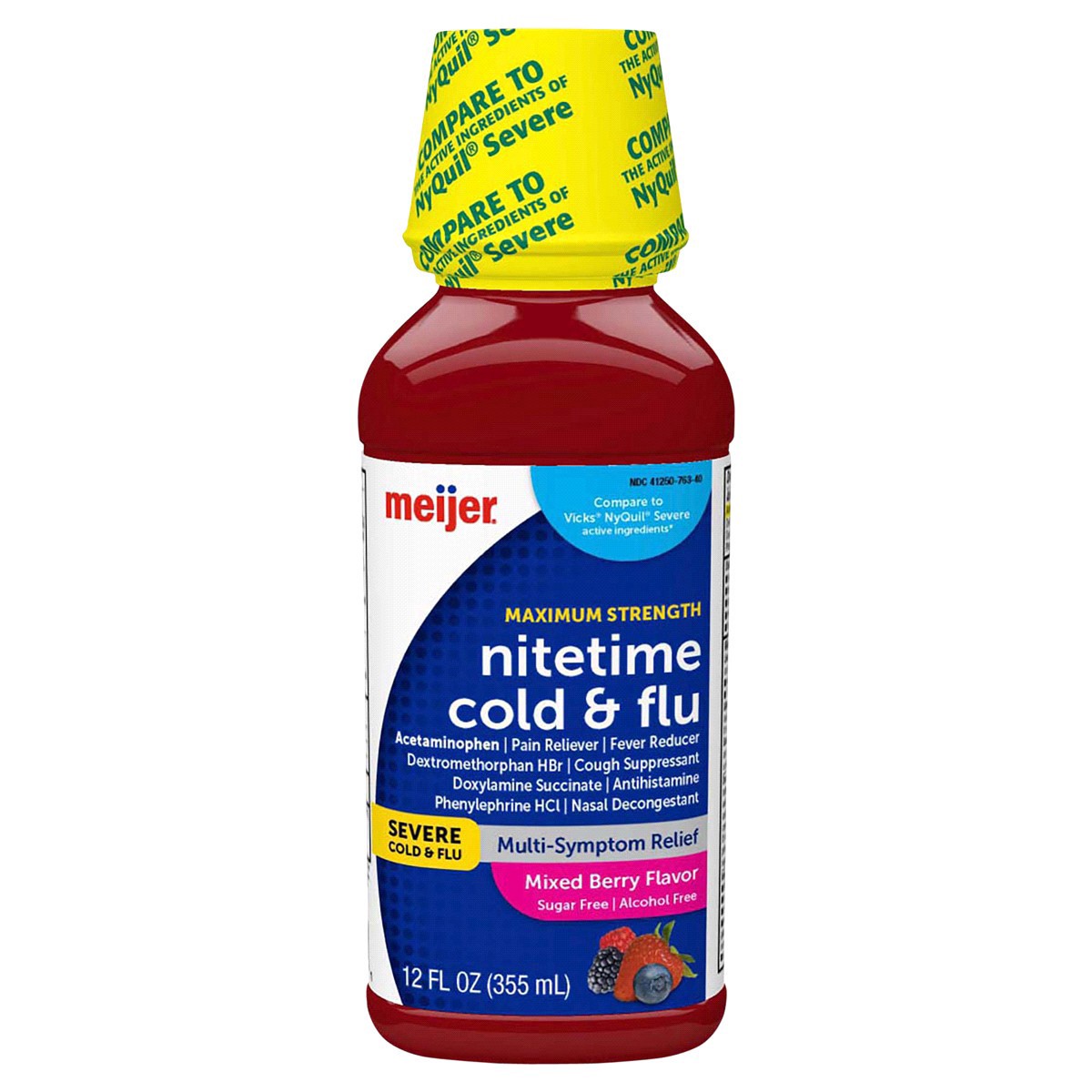 slide 1 of 13, Meijer Maximum Strength Nitetime Cold & Flu, Mixed Berry Flavor, 12 oz