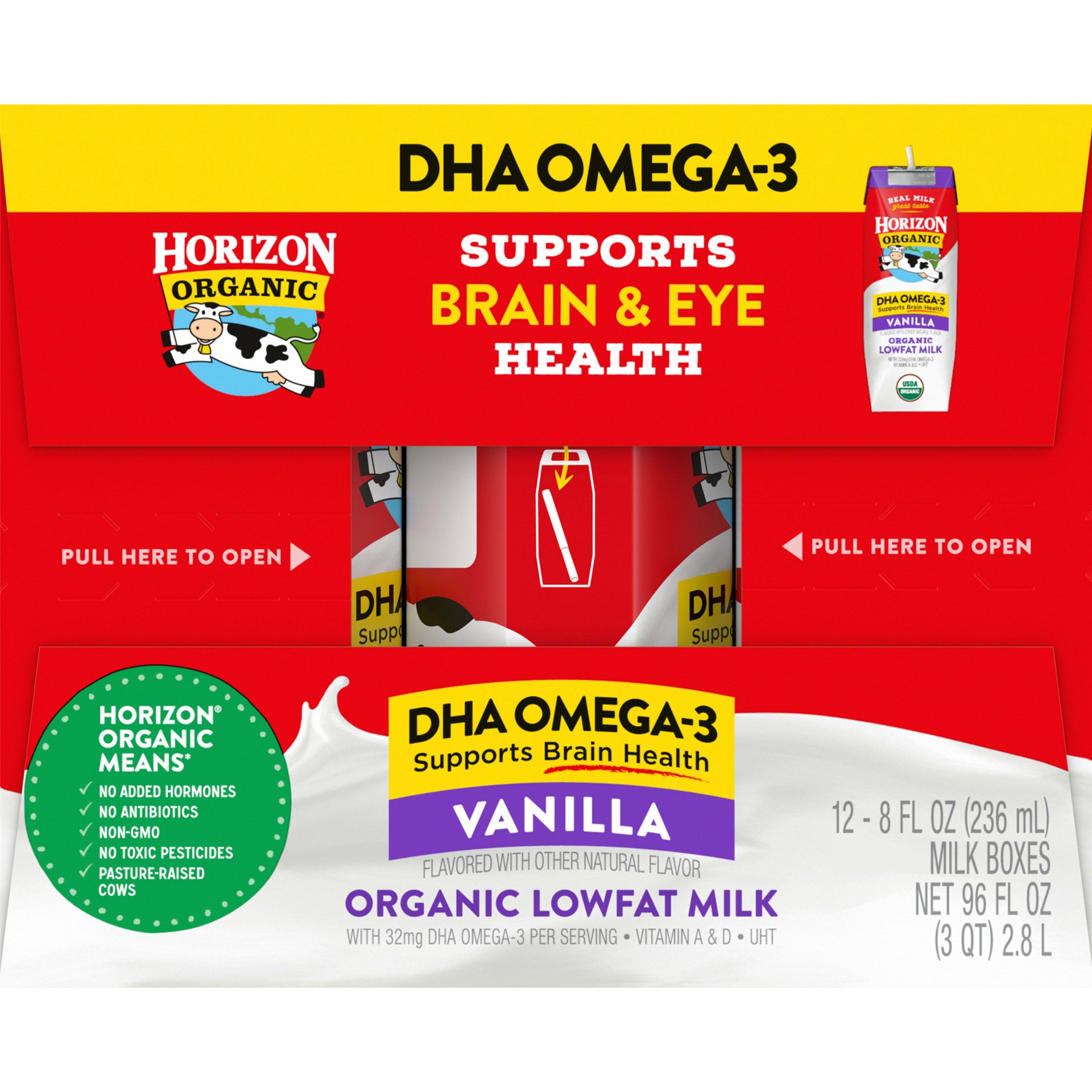 slide 3 of 9, Horizon Organic Shelf-Stable 1% Low Fat milk Boxes with DHA Omega-3, Vanilla, 8 oz., 12 Pack, 8 fl oz