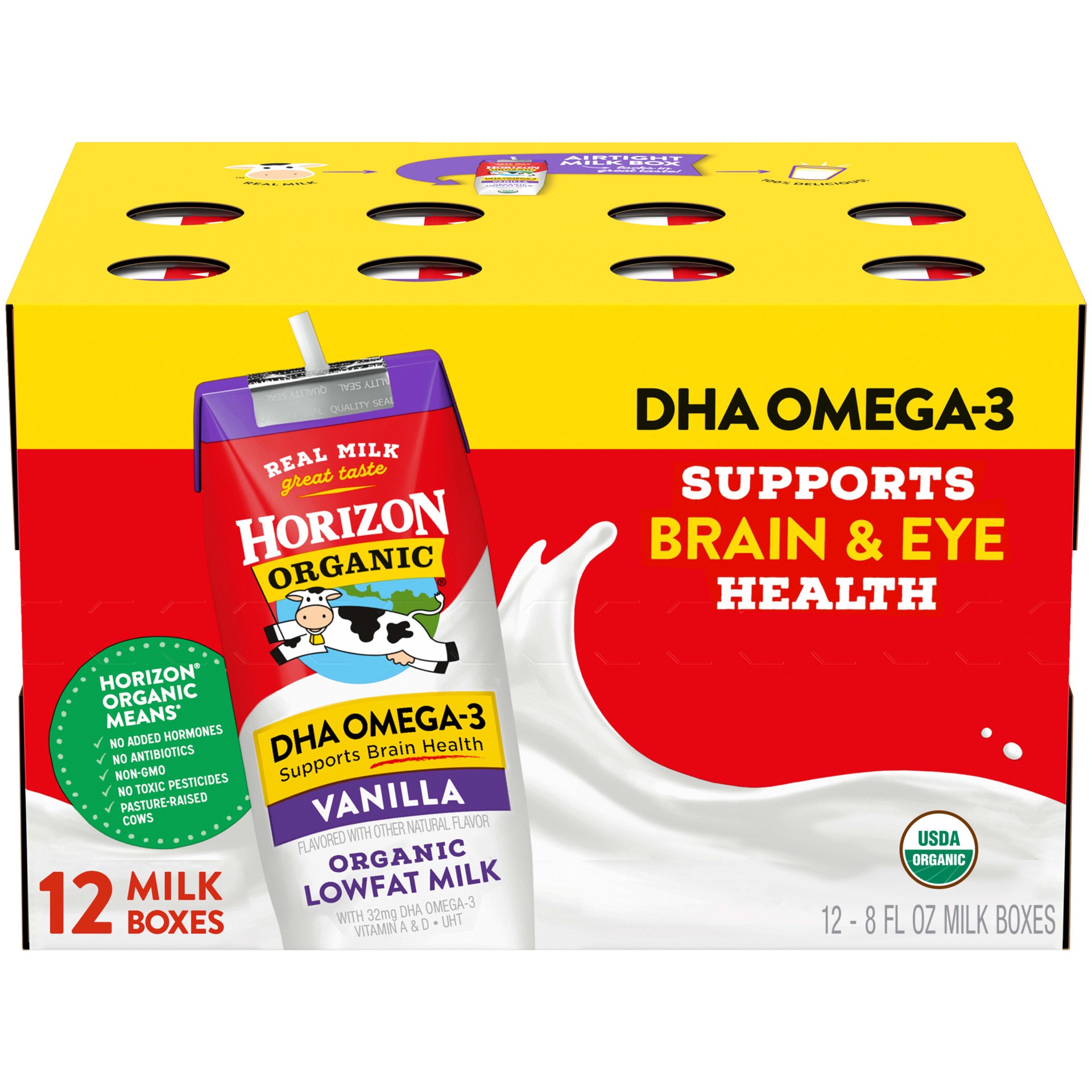 slide 1 of 9, Horizon Organic Shelf-Stable 1% Low Fat milk Boxes with DHA Omega-3, Vanilla, 8 oz., 12 Pack, 8 fl oz