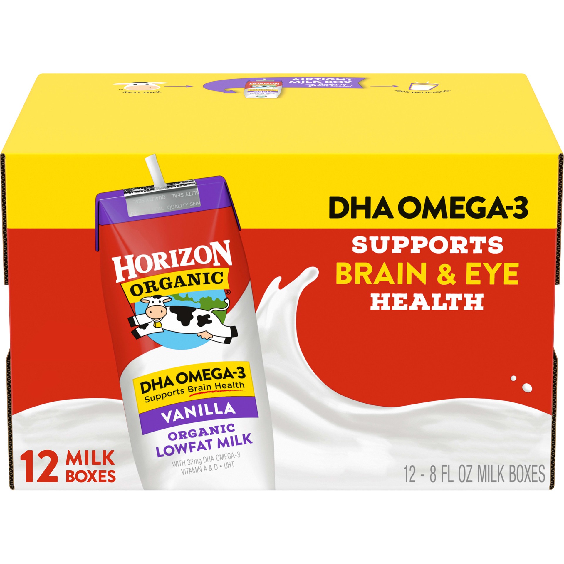 slide 6 of 9, Horizon Organic Shelf-Stable 1% Low Fat milk Boxes with DHA Omega-3, Vanilla, 8 oz., 12 Pack, 8 fl oz