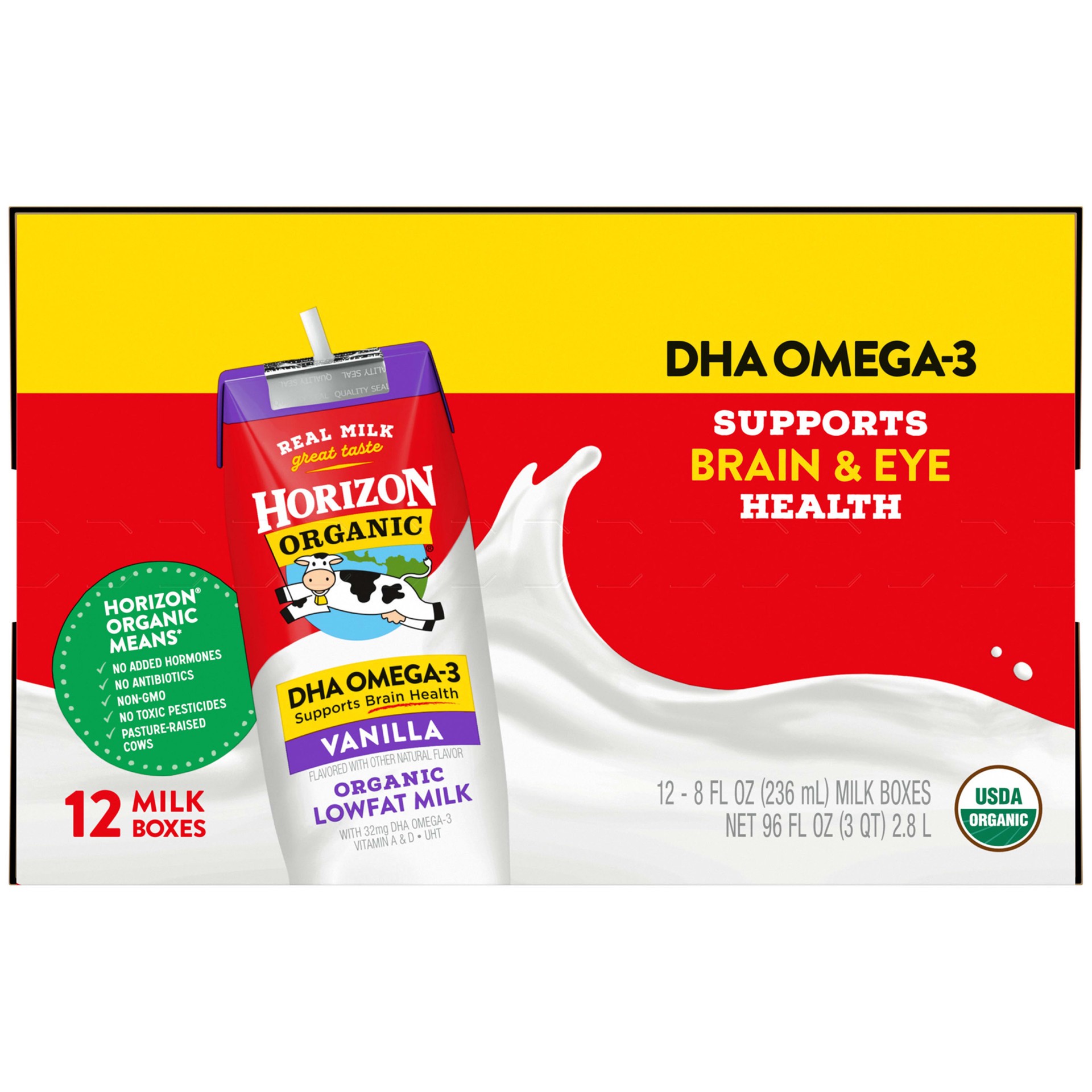 slide 7 of 9, Horizon Organic Shelf-Stable 1% Low Fat milk Boxes with DHA Omega-3, Vanilla, 8 oz., 12 Pack, 8 fl oz