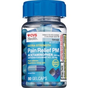 slide 1 of 1, CVS Health Extra Stength Pain Relief Pm Acetaminophen Gelcaps, 80 ct