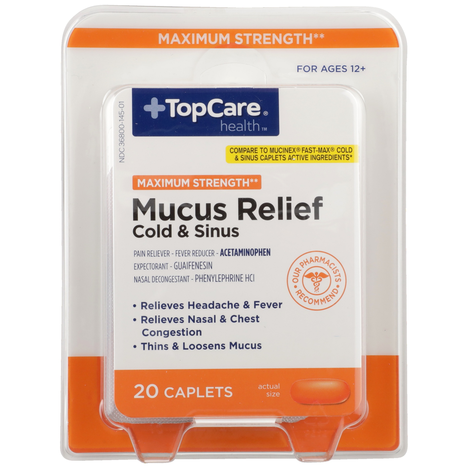 slide 1 of 1, TopCare Maximum Strength Mucus Relief Cold & Sinus Pain Reliever - Fever Reducer / Acetaminophen, Expectorant / Guaifenesin, Nasal Decongestant / Phenylephrine Hcl Caplets, 20 ct