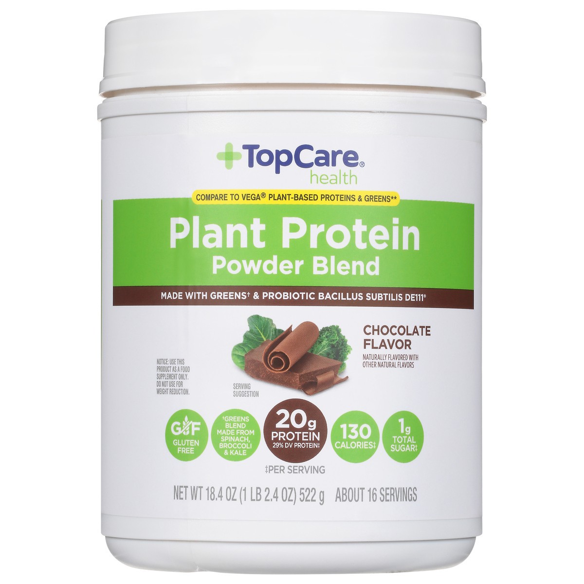 slide 7 of 15, TopCare Health Plant Protein Chocolate Flavor Powder Blend 18.4 oz, 18.4 oz