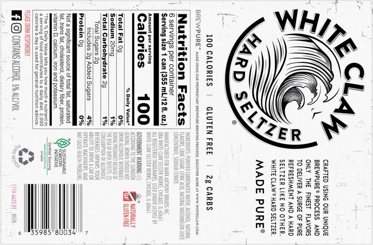 slide 5 of 7, White Claw 6 Pack Spiked Watermelon Hard Seltzer 6 ea, 12 fl oz