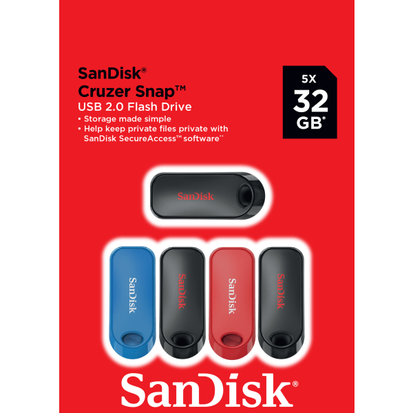 slide 4 of 10, SanDisk Cruzer Snap Usb 2.0 Flash Drives, 32Gb, Assorted Colors, Pack Of 5 Flash Drives, 5 ct