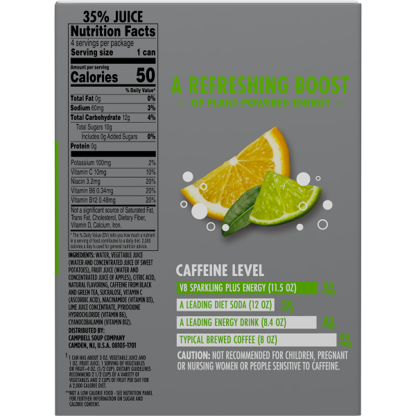 slide 18 of 22, V8 SPARKLING +ENERGY Lemon Lime Energy Drink, 11.5 fl oz Can (Pack of 4), 46 oz