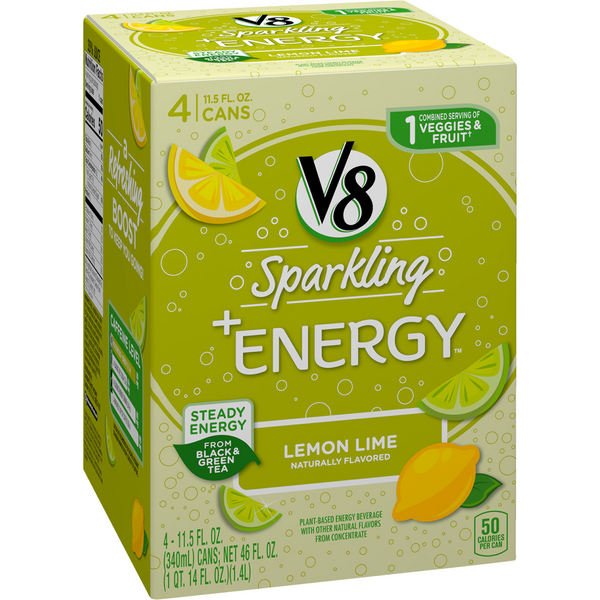slide 1 of 1, V8 Energy Beverage Sparkling Lemon Lime, 46 oz