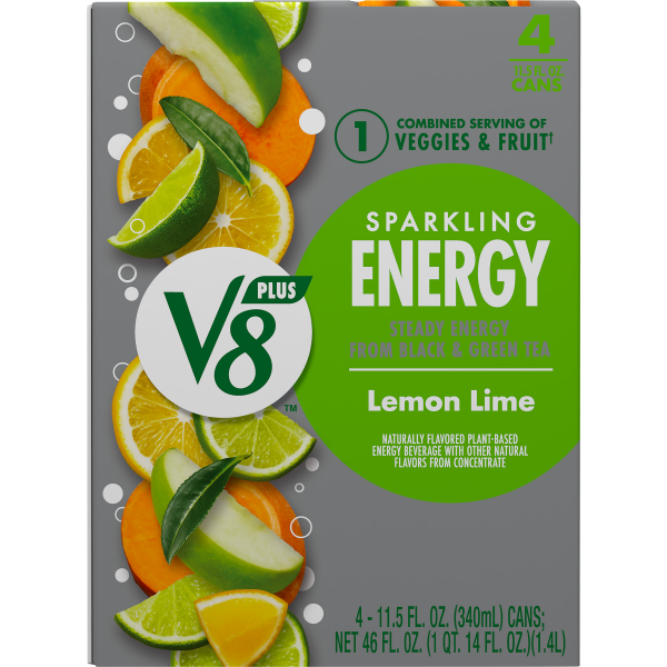 slide 11 of 22, V8 SPARKLING +ENERGY Lemon Lime Energy Drink, 11.5 fl oz Can (Pack of 4), 46 oz