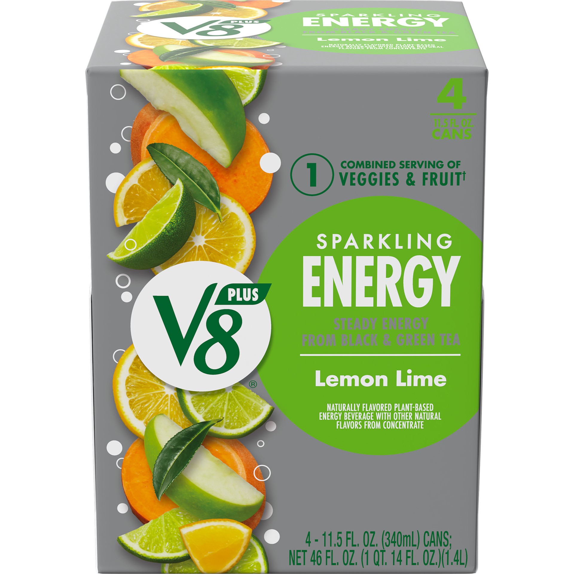 slide 1 of 22, V8 SPARKLING +ENERGY Lemon Lime Energy Drink, 11.5 fl oz Can (Pack of 4), 46 oz