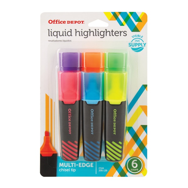 slide 1 of 8, Office Depot Brand Liquid Highlighters, Chisel Point, Black/Translucent Barrel, Assorted Ink Colors, Pack Of 6, 6 ct