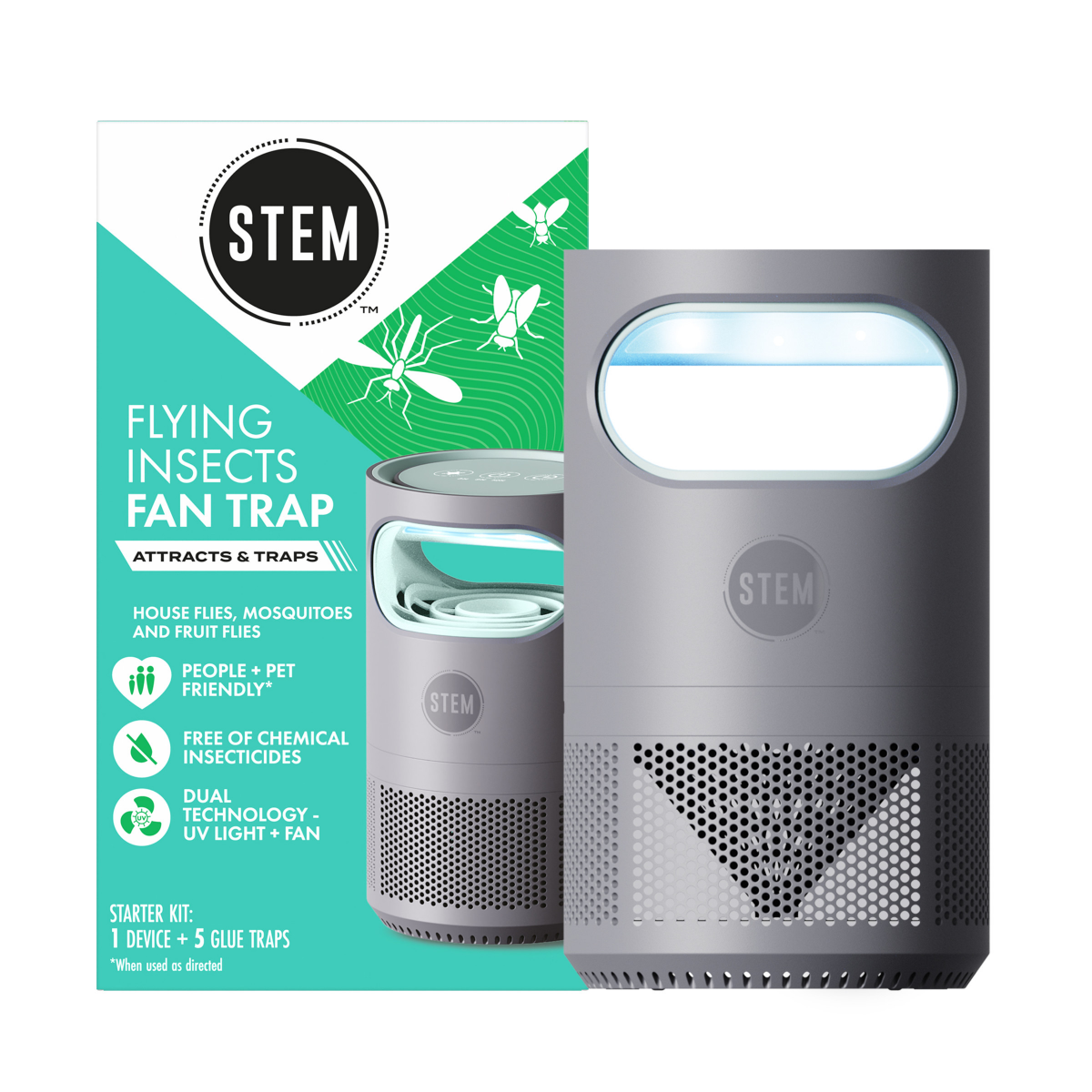 slide 1 of 29, STEM Flying Insect Fan Trap for Indoor Bug Control, Plug-In Fan with UV Light, Starter Kit Includes 1 Device and 5 Glue Traps, 1 ct