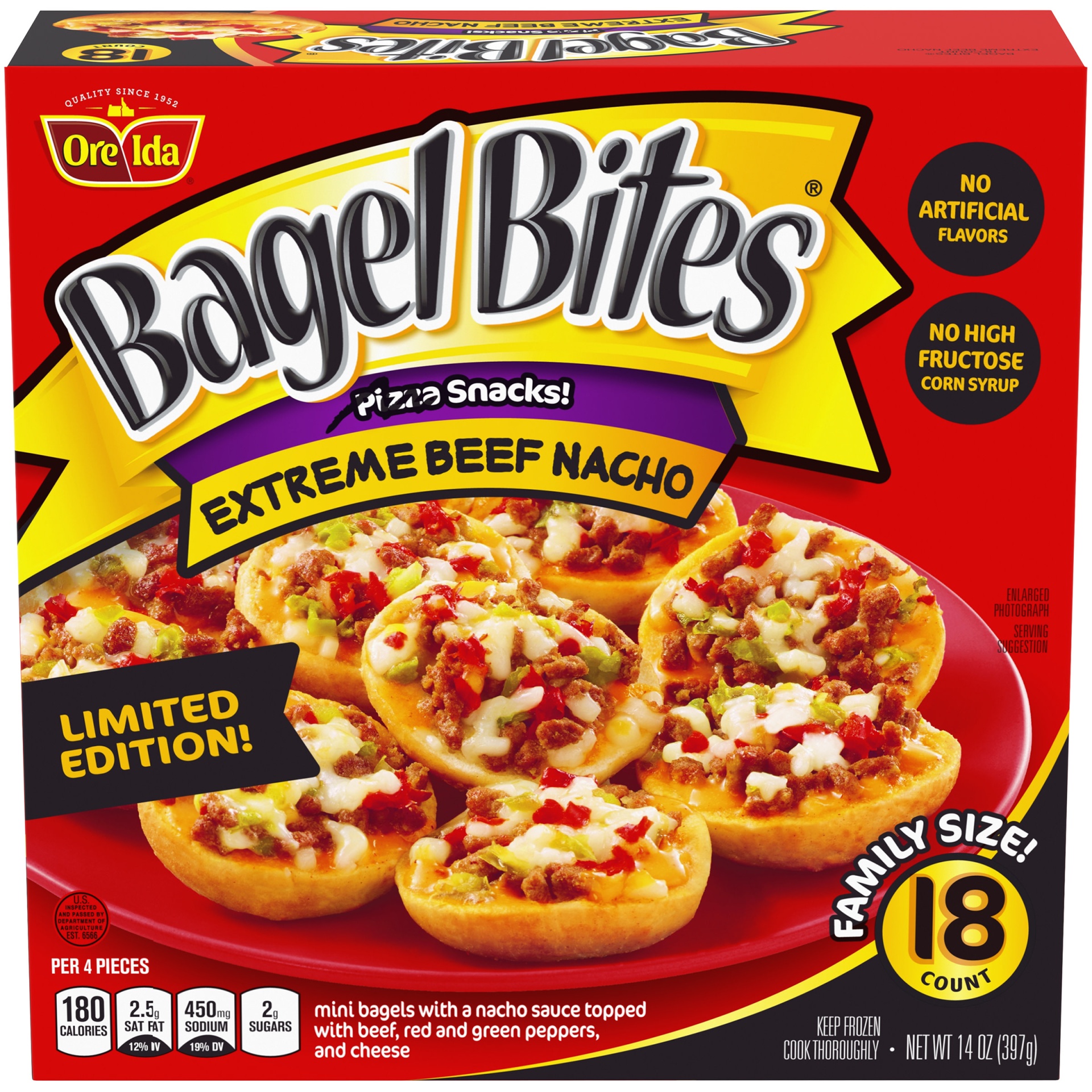 slide 1 of 6, Bagel Bites Extreme Beef Nacho Mini Pizza Bagel Frozen Snacks, 14 oz