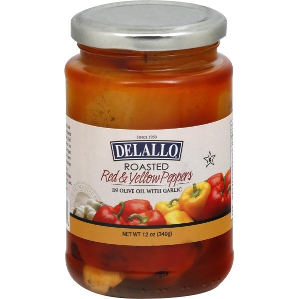 slide 1 of 1, DeLallo Roasted Yellow & Red Peppers With Garlic, 12 oz
