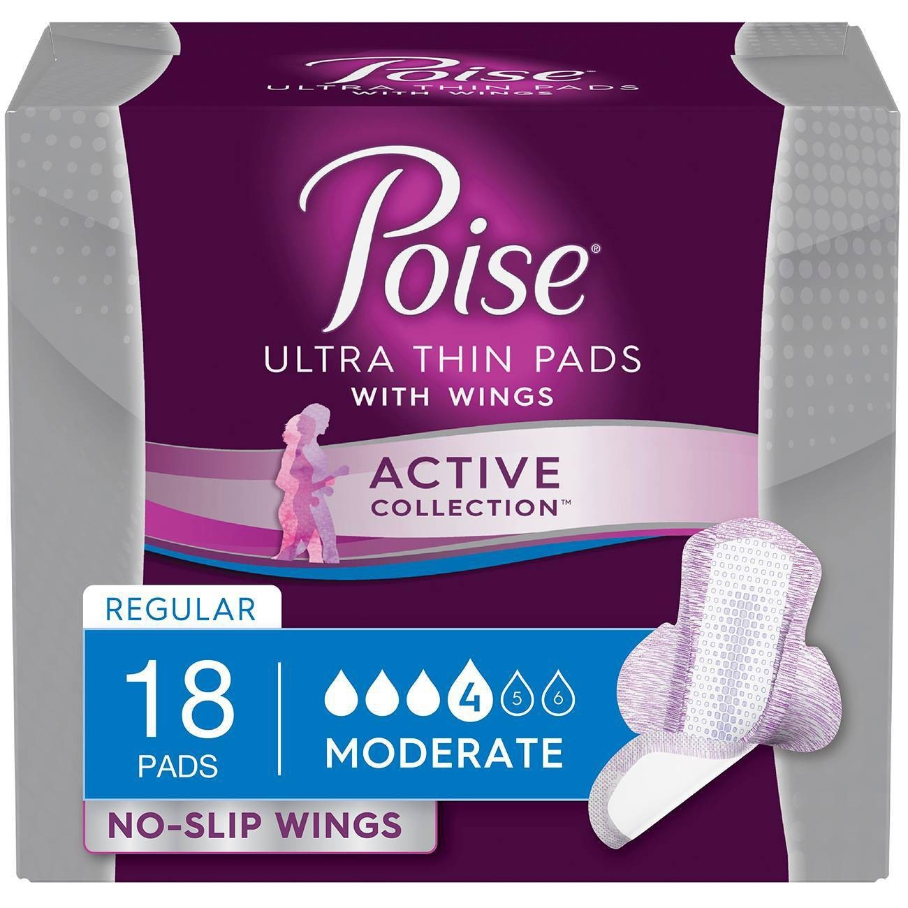 slide 1 of 1, Poise Active Collection Incontinence Pads with Wings, Moderate Absorbency, 18 ct