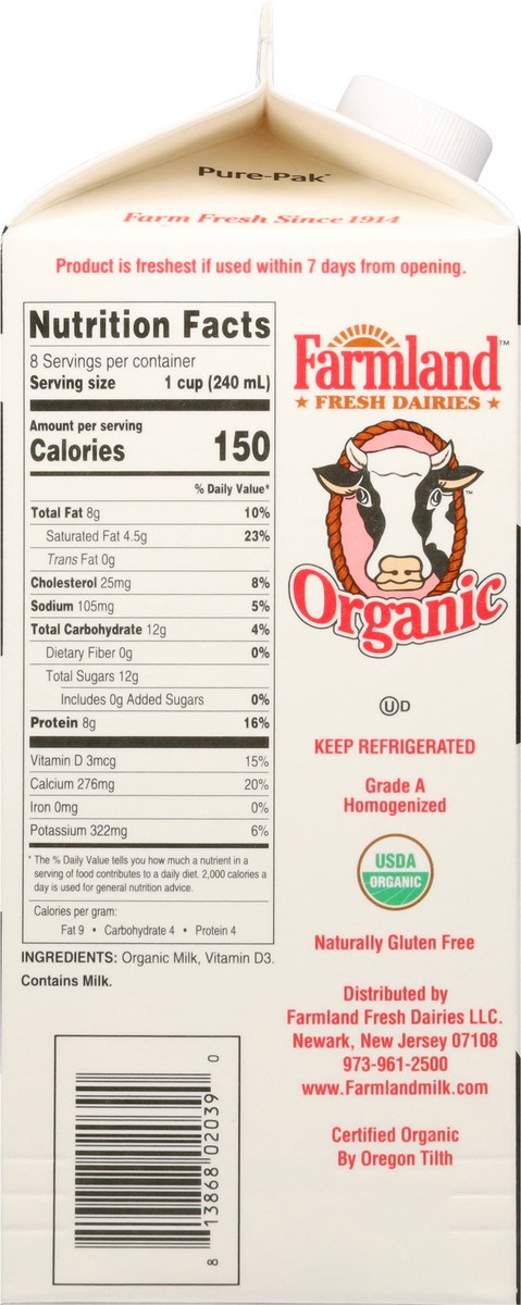 slide 10 of 13, Farmland Organic Whole Milk 0.5 gal, 1/2 gal