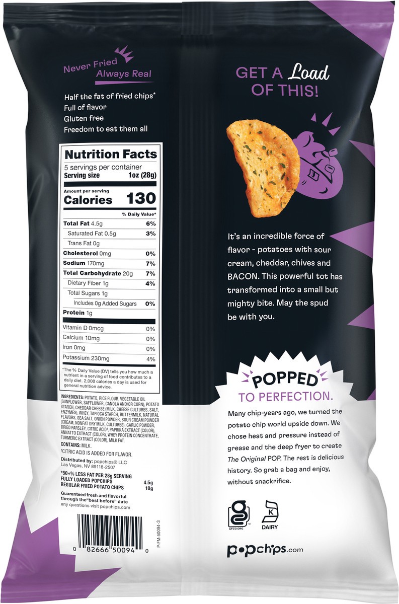 slide 3 of 3, popchips Potato Snack, Popped, Bacon, Cheddar, Sour Cream & Chive Flavored, Original, Fully Loaded, 5 oz