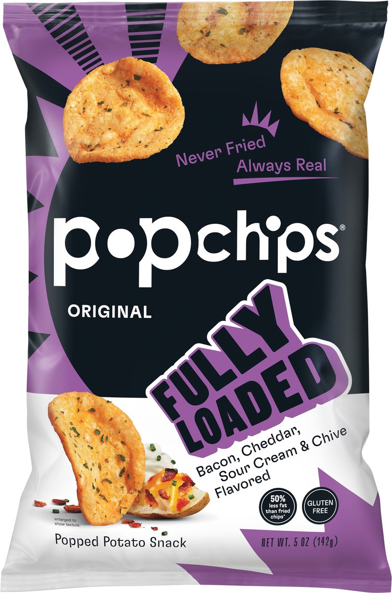 slide 2 of 3, popchips Potato Snack, Popped, Bacon, Cheddar, Sour Cream & Chive Flavored, Original, Fully Loaded, 5 oz
